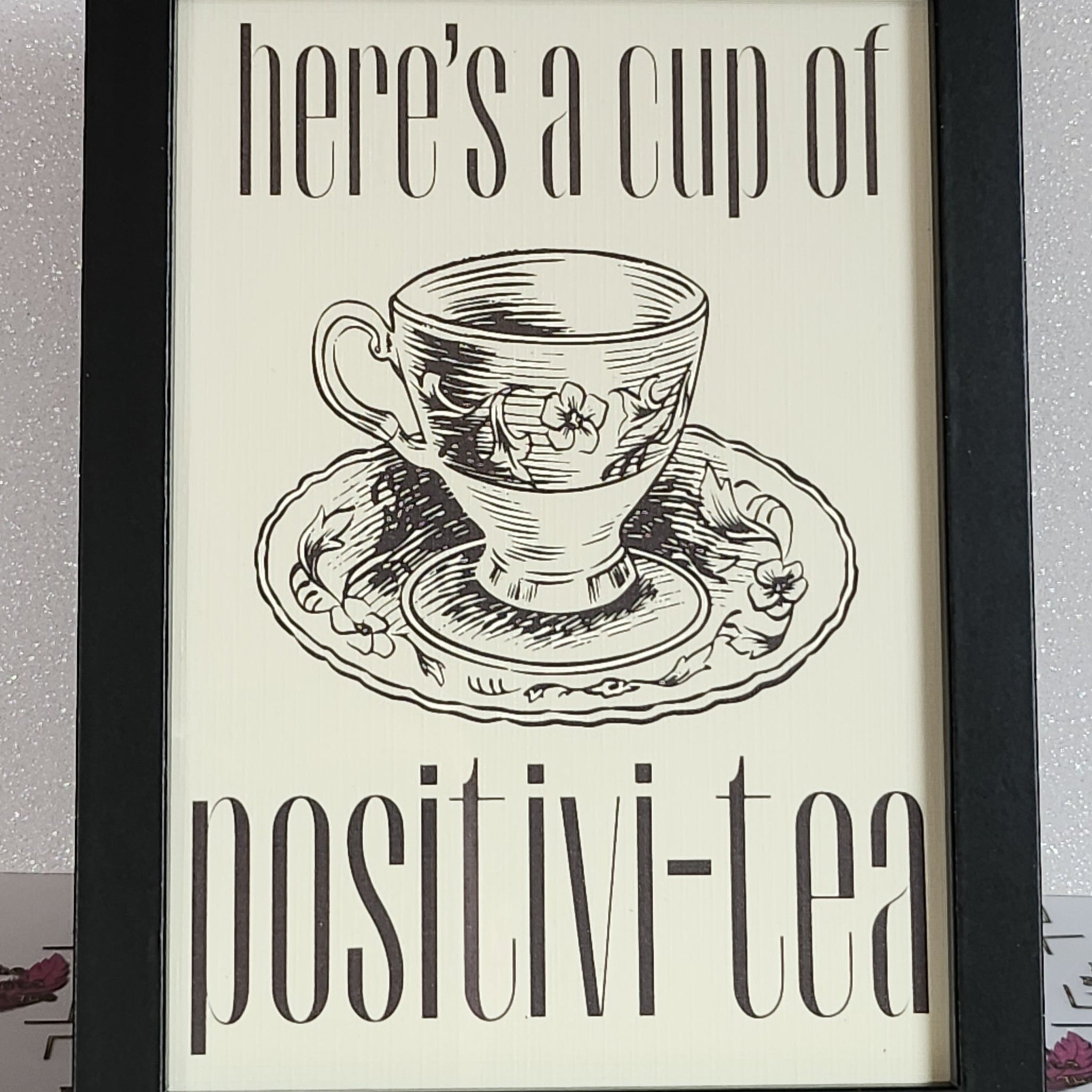 Positivi-tea Wall Print 130x180mm Cup Of Postivi-tea Unframed Glossy Photo Paper High Quality Linen Effect Card Monochrome Wall Art Gallery