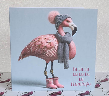 Flamingo Christmas Card ' Fa La La La Flamingo' Flamingo With Bobble Hat Scarf And Pink Wellies Glitter Detail Linen Effect Free Delivery