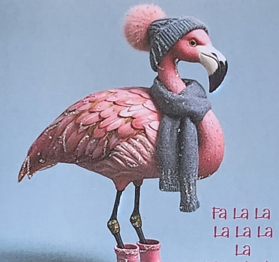 Flamingo Christmas Card ' Fa La La La Flamingo' Flamingo With Bobble Hat Scarf And Pink Wellies Glitter Detail Linen Effect Free Delivery