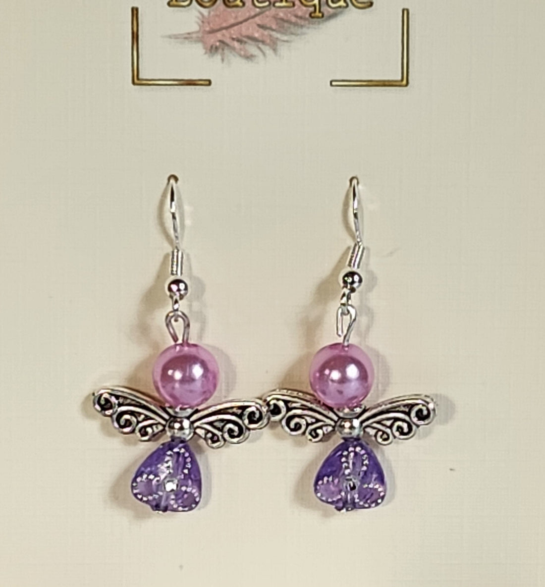 Guardian Angel Earrings 925 Silver Earring Hooks Handmade With Glass Beads Shades Of Lilac Mounted On Gift Card Birthday Gift Christmas Gift