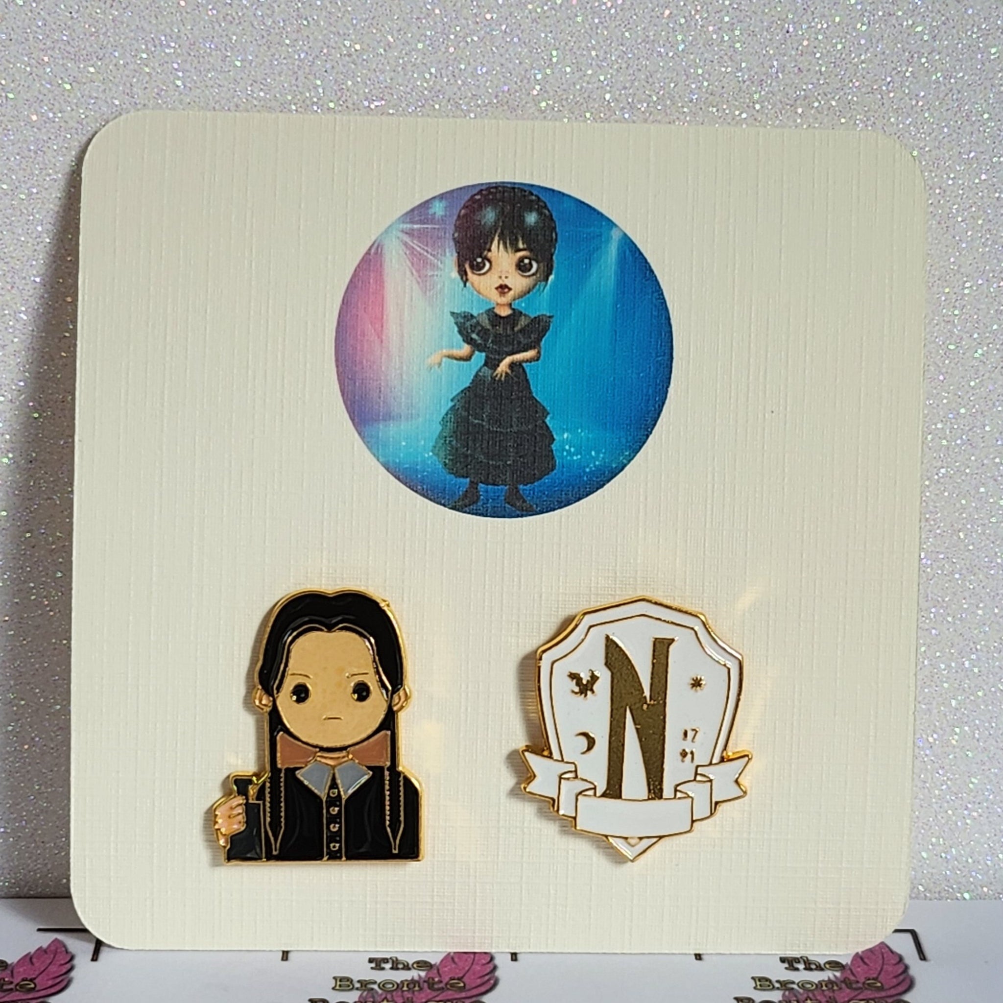 Wednesday Enamel Badge Set On Gift Card Nevermore Plaque Wednesday With Knife Enid Thing Addams Family Letterbox Gift Direct To Recipient