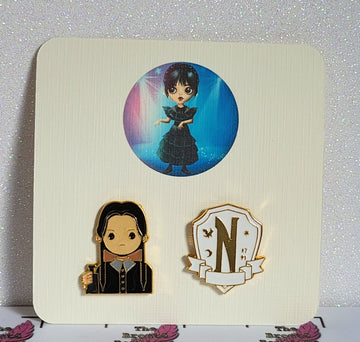 Wednesday Enamel Badge Set On Gift Card Nevermore Plaque Wednesday With Knife Enid Thing Addams Family Letterbox Gift Direct To Recipient