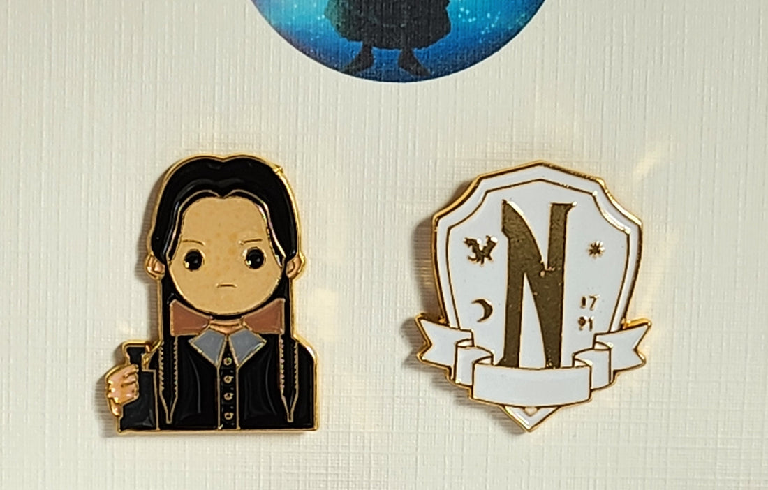 Wednesday Enamel Badge Set On Gift Card Nevermore Plaque Wednesday With Knife Enid Thing Addams Family Letterbox Gift Direct To Recipient