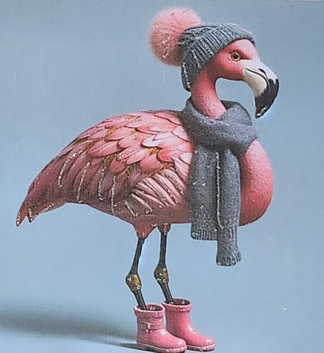 Flamingo Christmas Card ' Fabulous Festive Flamingo With Bobble Hat Scarf And Pink Wellies Glitter Detail Linen Effect Wife Free Delivery