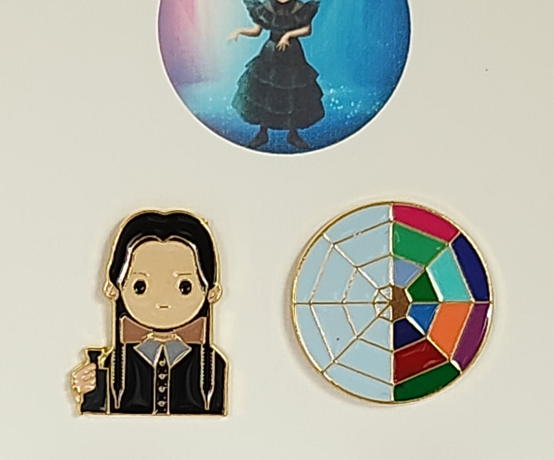 Wednesday Enamel Badge Set On Gift Card Stained Glass Window Wednesday With Knife Enid Addams Family Nevermore  Direct To Recipient