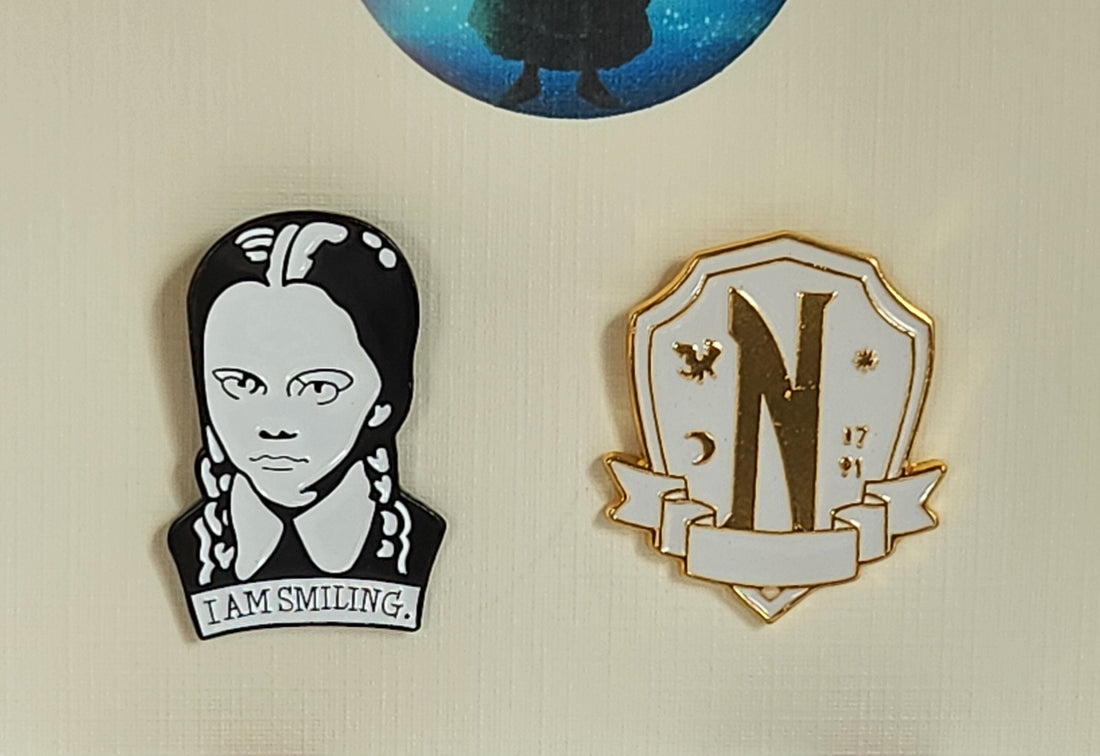 Wednesday Enamel Badge Set On Gift Card Nevermore Plaque Wednesday I'm Smiling  Enid Thing Addams Family Letterbox Gift Direct To Recipient