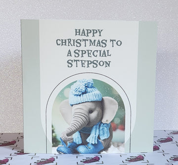 Special Stepson Christmas Card Happy Christmas To A Special Stepson Cute Baby Elephant In Blue Bobble Hat OOAK Unique Design Free Delivery