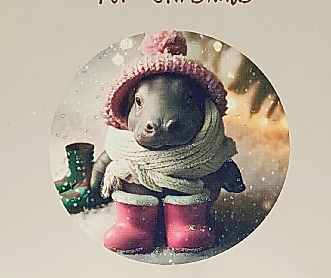 Hippo Christmas Card ' I Want A Hippopotamus for Christmas' Baby Hippo Wearing Bobble Hat And Pink Wellies With Glitter White Free Delivery