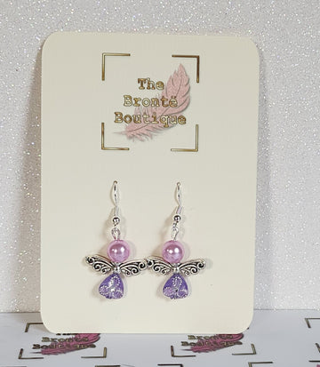 Guardian Angel Earrings 925 Silver Earring Hooks Handmade With Glass Beads Shades Of Lilac Mounted On Gift Card Birthday Gift Christmas Gift