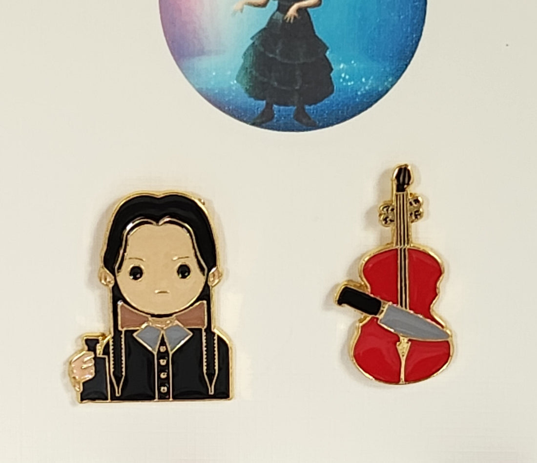 Wednesday Enamel Badge Set On Gift Card Red Violin Wednesday With Knife Enid Addams Family Nevermore Letterbox Gift Direct To Recipient