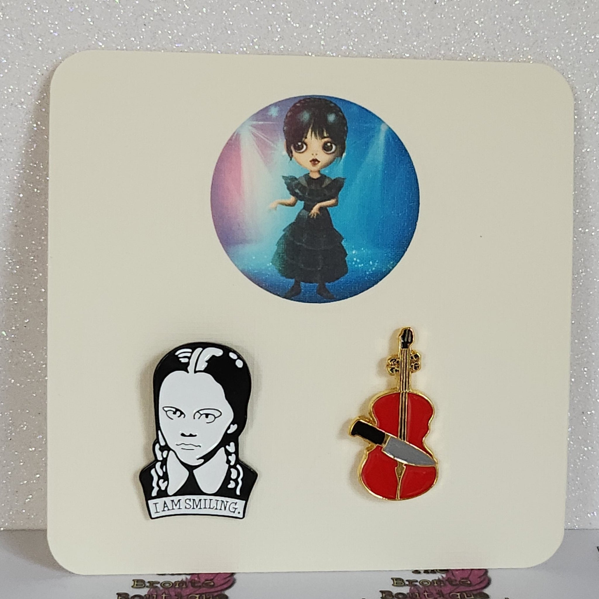 Wednesday Enamel Badge Set On Gift Card Wednesday I'm Smiling With Violin Enid Addams Family Nevermore Thing  Direct To Recipient