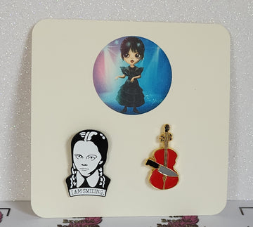 Wednesday Enamel Badge Set On Gift Card Wednesday I'm Smiling With Violin Enid Addams Family Nevermore Thing  Direct To Recipient