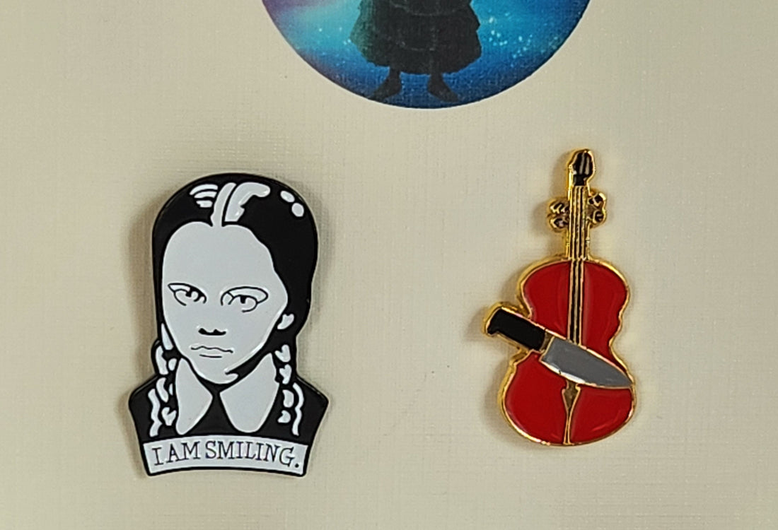 Wednesday Enamel Badge Set On Gift Card Wednesday I'm Smiling With Violin Enid Addams Family Nevermore Thing  Direct To Recipient