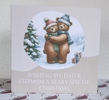 Dad And Stepmum Christmas Handmade Card Wishing My Dad And Stepmum A Beary Special Christmas Teddy Bear Couple Watercolour Free Delivery