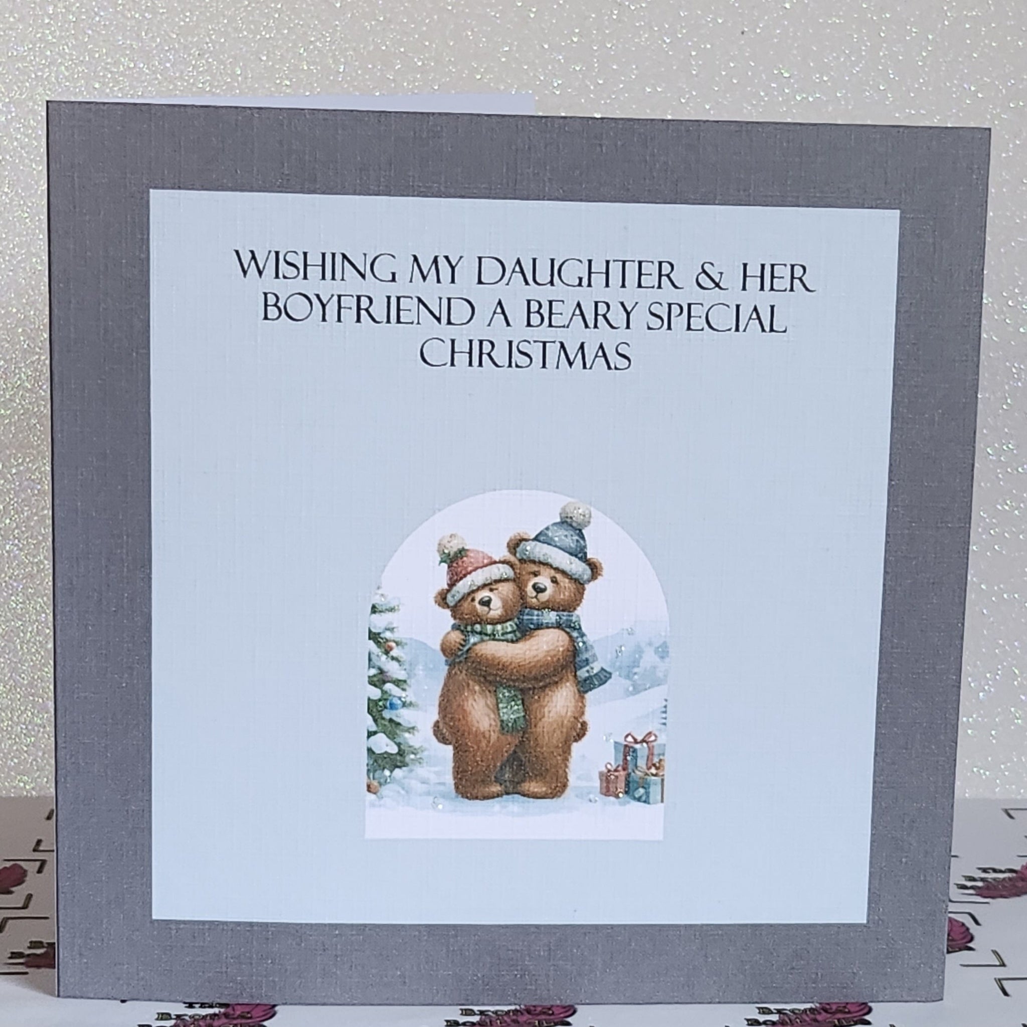 Daughter And Boyfriend Christmas Handmade Card Beary Special Christmas Teddy Bear Couple Watercolour Family Glitter Free Delivery