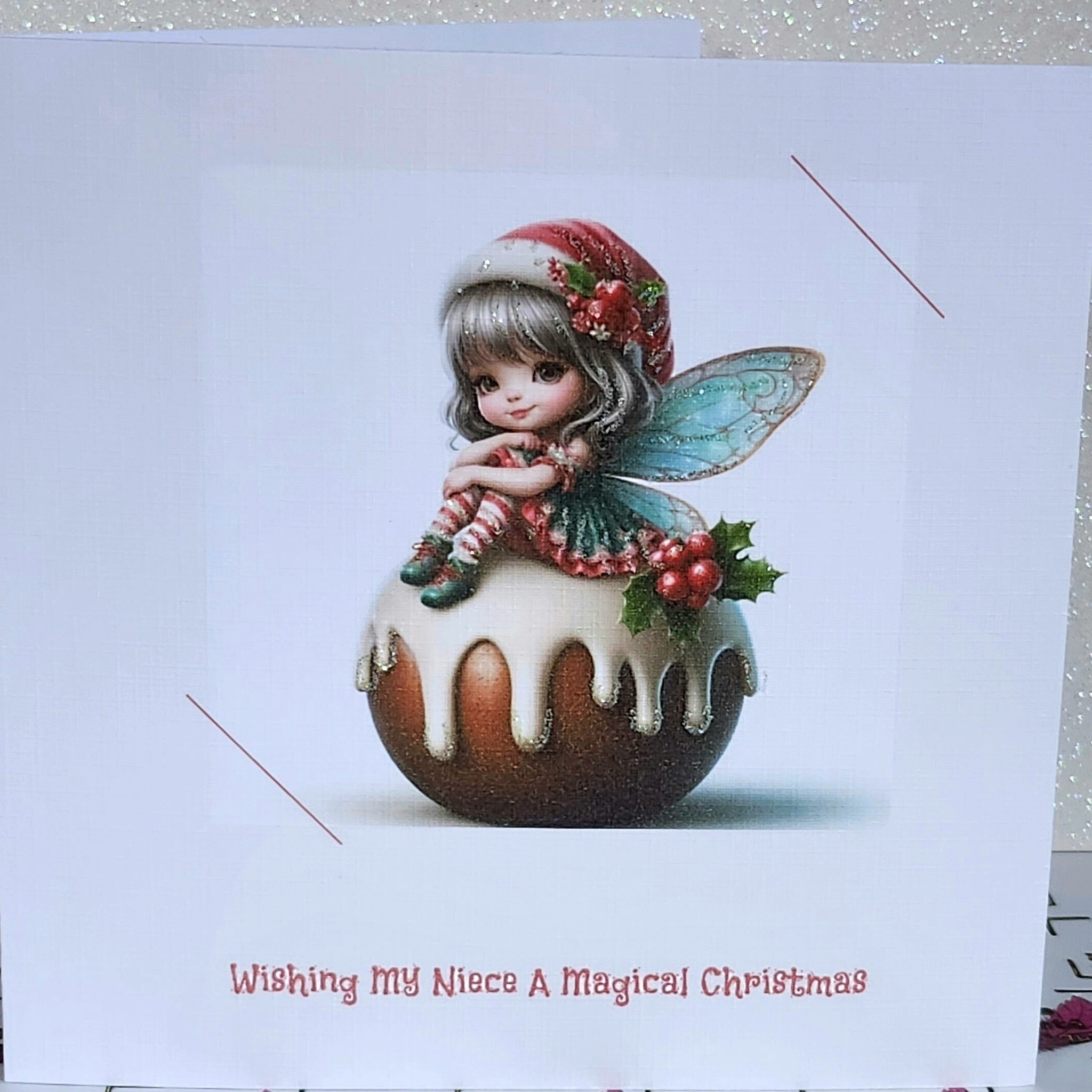 Niece Christmas Card Handmade Fairy Sat On Christmas Pudding Wishing My Niece A Magical Christmas Glitter Detail Linen Effect Free Delivery