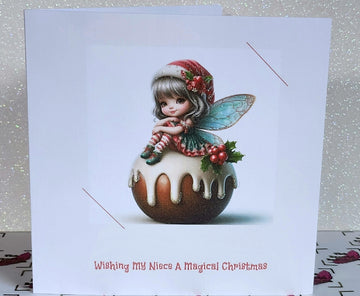 Niece Christmas Card Handmade Fairy Sat On Christmas Pudding Wishing My Niece A Magical Christmas Glitter Detail Linen Effect Free Delivery