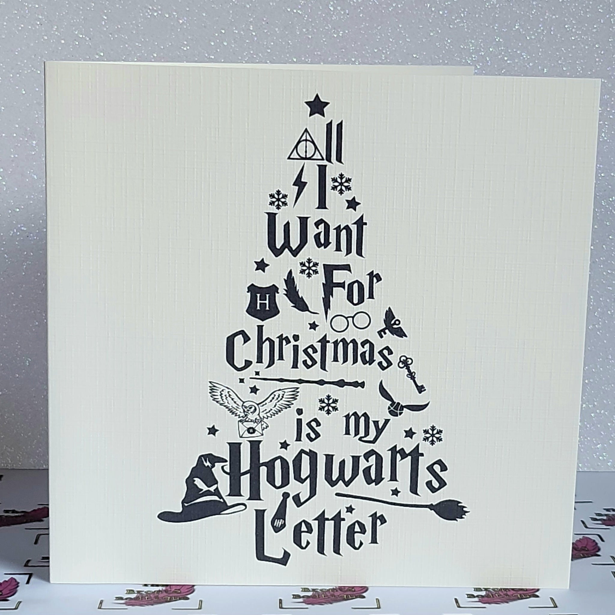 Hogwarts Christmas Card 'All I Want For Christmas Is My Hogwarts Letter' Square Ivory Linen Effect Harry Hermione Ron Free Delivery