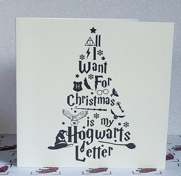 Hogwarts Christmas Card 'All I Want For Christmas Is My Hogwarts Letter' Square Ivory Linen Effect Harry Hermione Ron Free Delivery