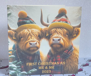 First Christmas As Mr & Mr 2023 Highland Cow Couple Handmade Card Husband Newly Married Son In Law Watercolour Married In 2023 Free Delivery