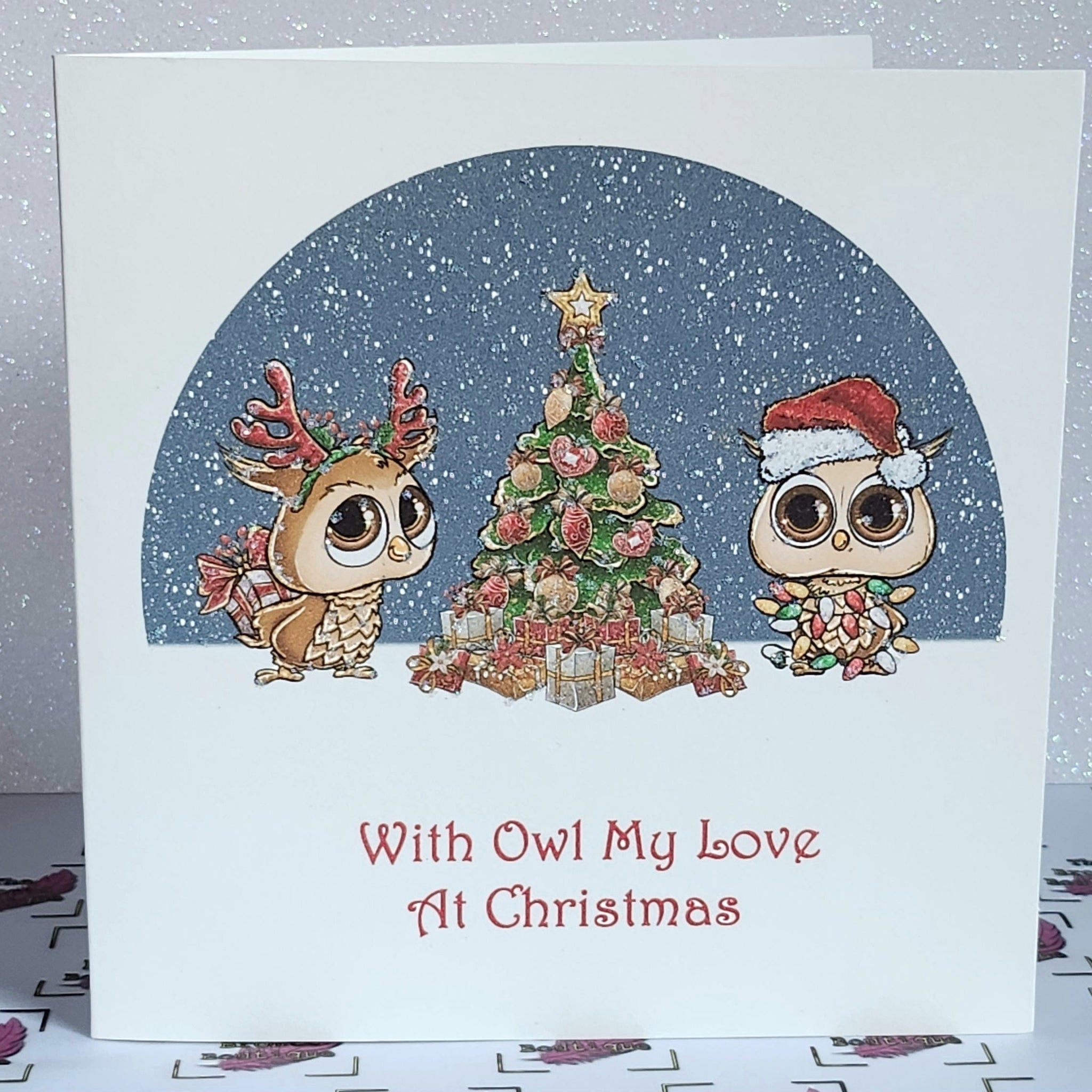 Owl Couple Christmas Card 'With Owl My Love At Christmas' Husband Wife Boyfriend Girlfriend Fiance Glitter Detail Free Delivery