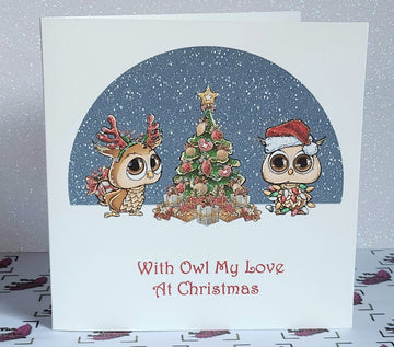 Owl Couple Christmas Card 'With Owl My Love At Christmas' Husband Wife Boyfriend Girlfriend Fiance Glitter Detail Free Delivery