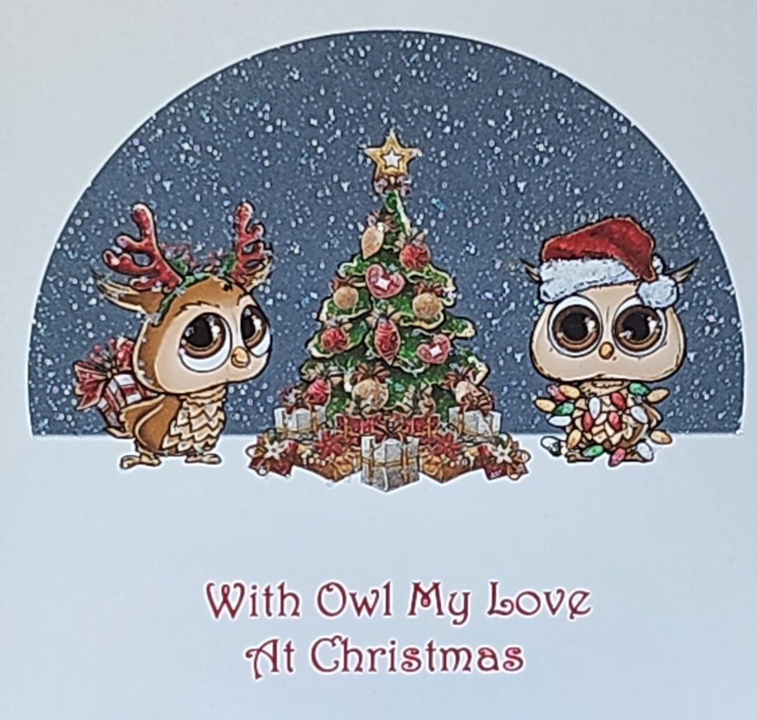 Owl Couple Christmas Card 'With Owl My Love At Christmas' Husband Wife Boyfriend Girlfriend Fiance Glitter Detail Free Delivery