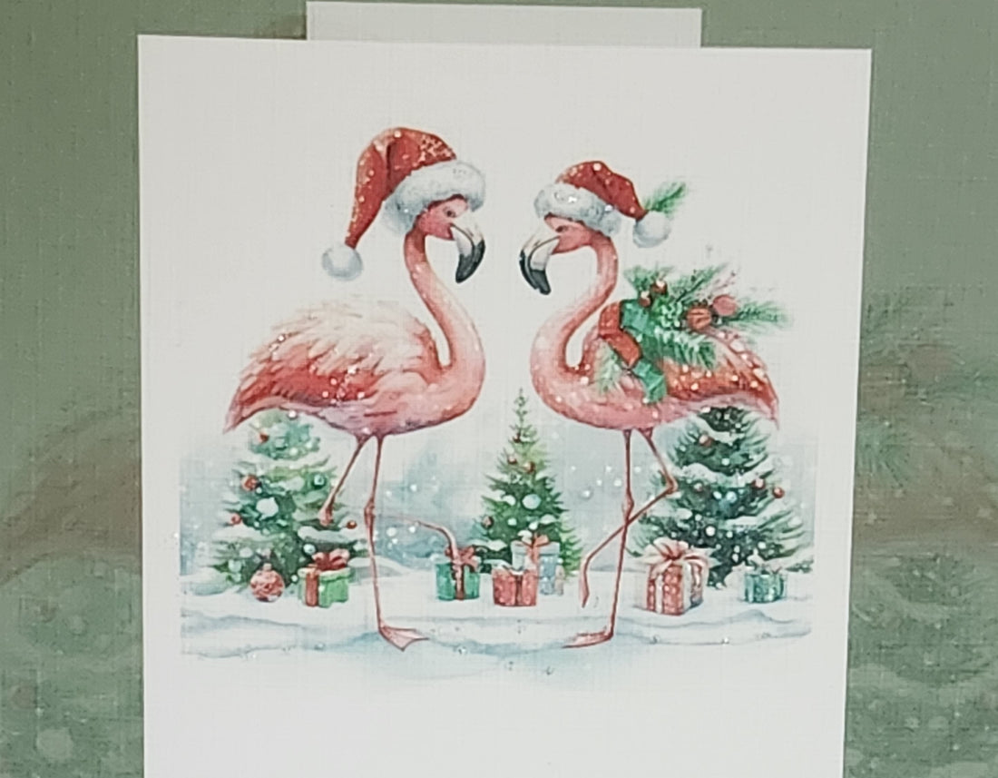 Flamazing Wife Christmas Card 'Happy Christmas To My Flamazing Wife' Flamingo Husband And Wife Flamingo Couple Linen Effect Free Delivery