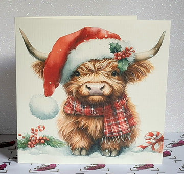 Highland Cow Christmas Card Highland Coo With Santa Hat Scarf And Holly Handmade Glitter Ivory Linen Effect Square Card Free Delivery