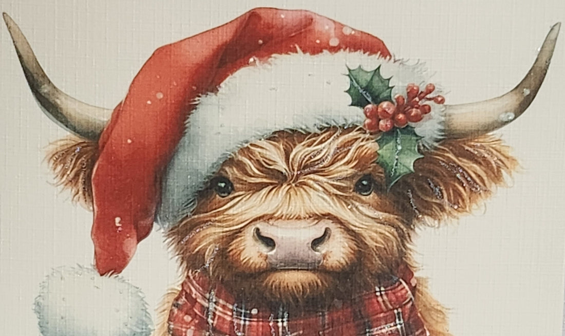 Highland Cow Christmas Card Highland Coo With Santa Hat Scarf And Holly Handmade Glitter Ivory Linen Effect Square Card Free Delivery