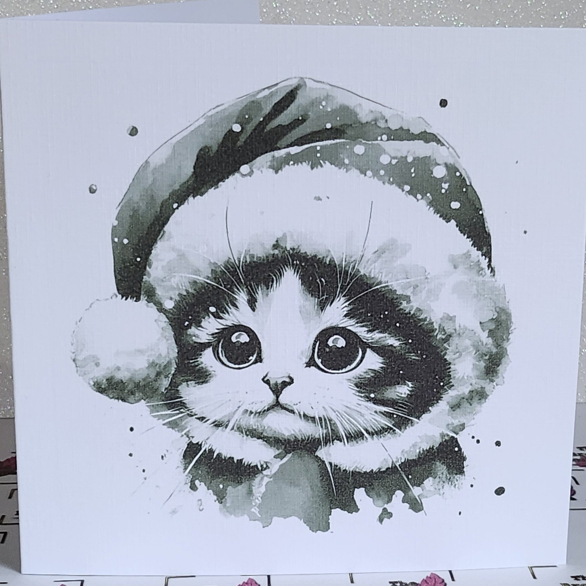 Kitten Christmas Card With Santa Hat And Scarf Black And White Cat Watercolour Handmade  White Linen Effect Square Card Free Delivery