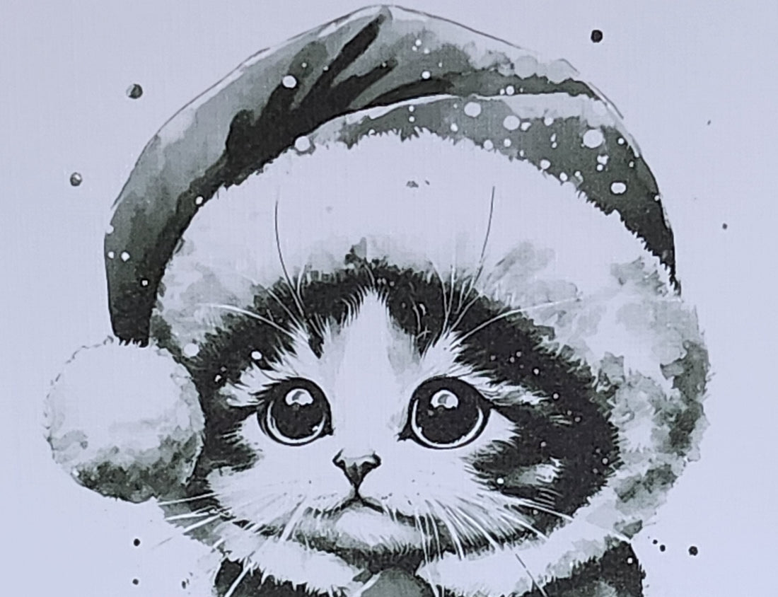 Kitten Christmas Card With Santa Hat And Scarf Black And White Cat Watercolour Handmade  White Linen Effect Square Card Free Delivery