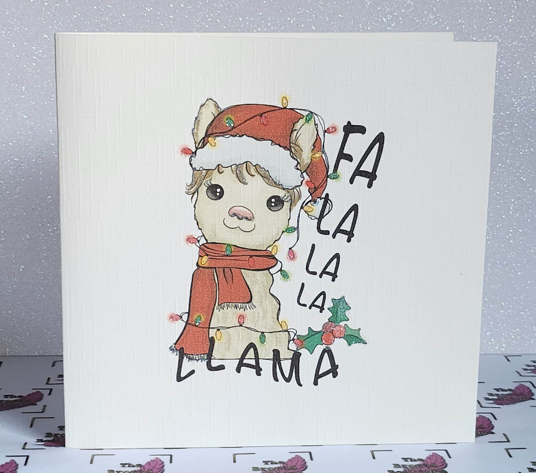 Llama Christmas Card ' Fa La La La Llama' In Santa Hat And Christmas Lights Swarovski Crystal Detail Holidays Linen Effect Free Delivery