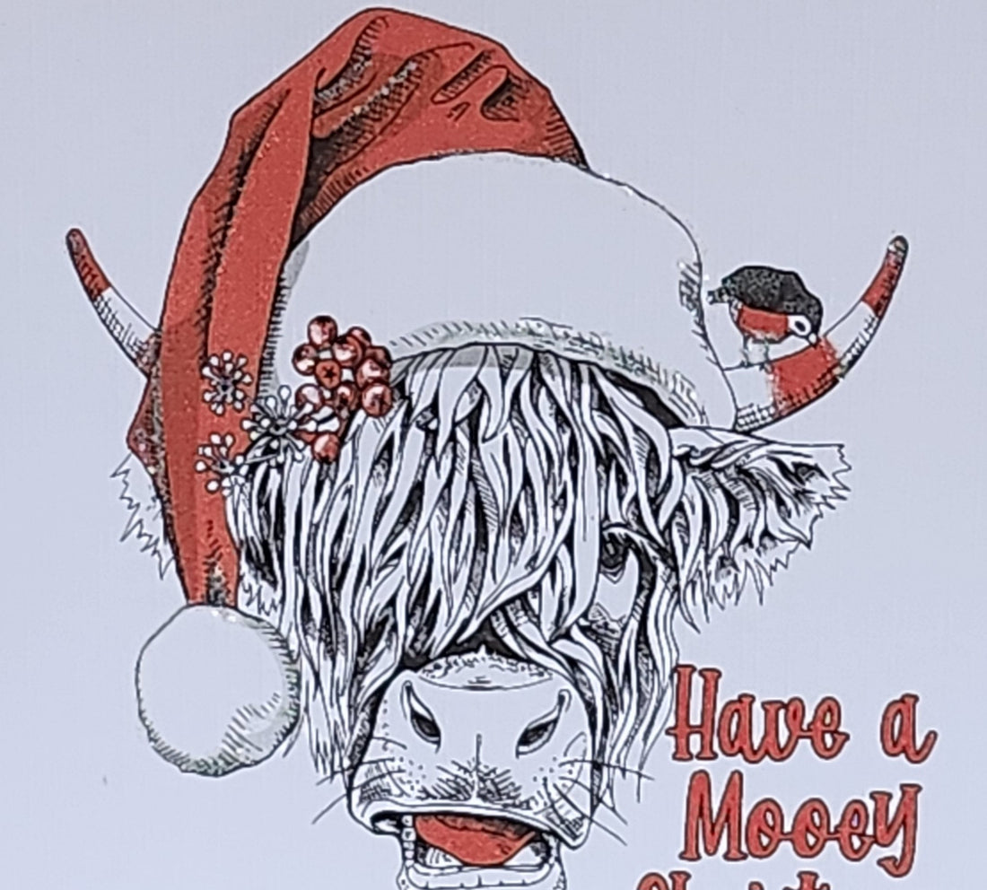 Highland Cow Christmas Card Highland Coo With Santa Hat Have A Mooey Christmas  Handmade Glitter Linen Effect Square Card Free Delivery