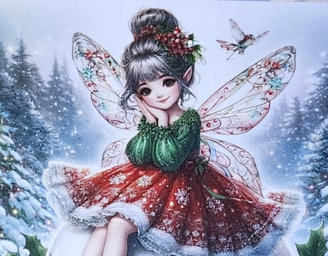 Christmas Fairy Card Handmade Fairy Sat On Christmas Pudding Genuine Swarovski Crystal Glitter Detail Linen Effect Square Card Free Delivery