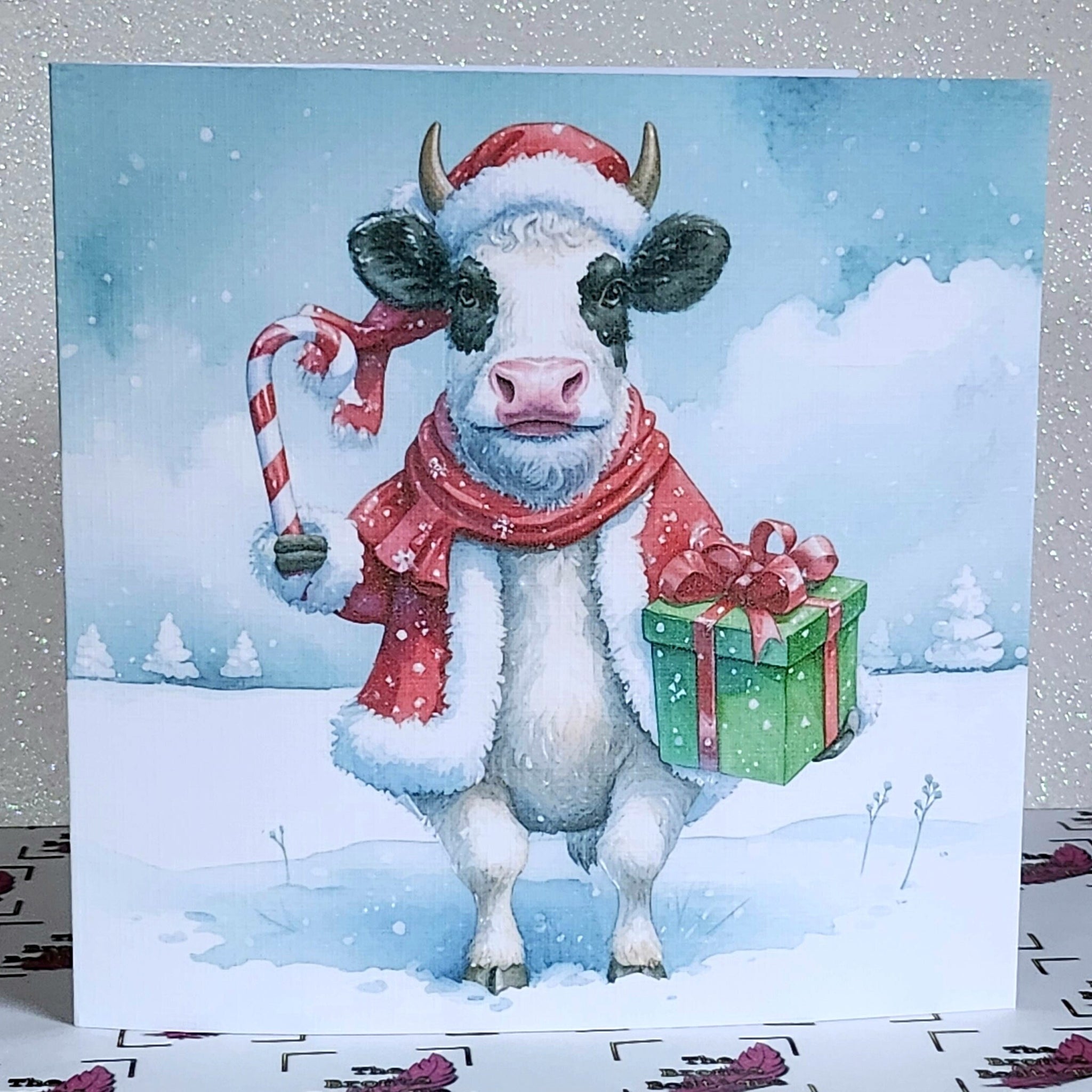 Highland Cow Christmas Card Highland Coo With Santa Hat Scarf And Present Handmade Glitter Ivory Linen Effect Square Card Free Delivery