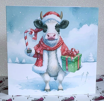 Highland Cow Christmas Card Highland Coo With Santa Hat Scarf And Present Handmade Glitter Ivory Linen Effect Square Card Free Delivery