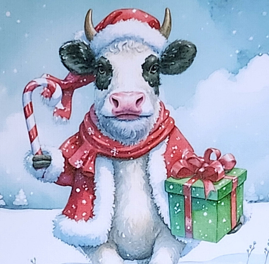 Highland Cow Christmas Card Highland Coo With Santa Hat Scarf And Present Handmade Glitter Ivory Linen Effect Square Card Free Delivery