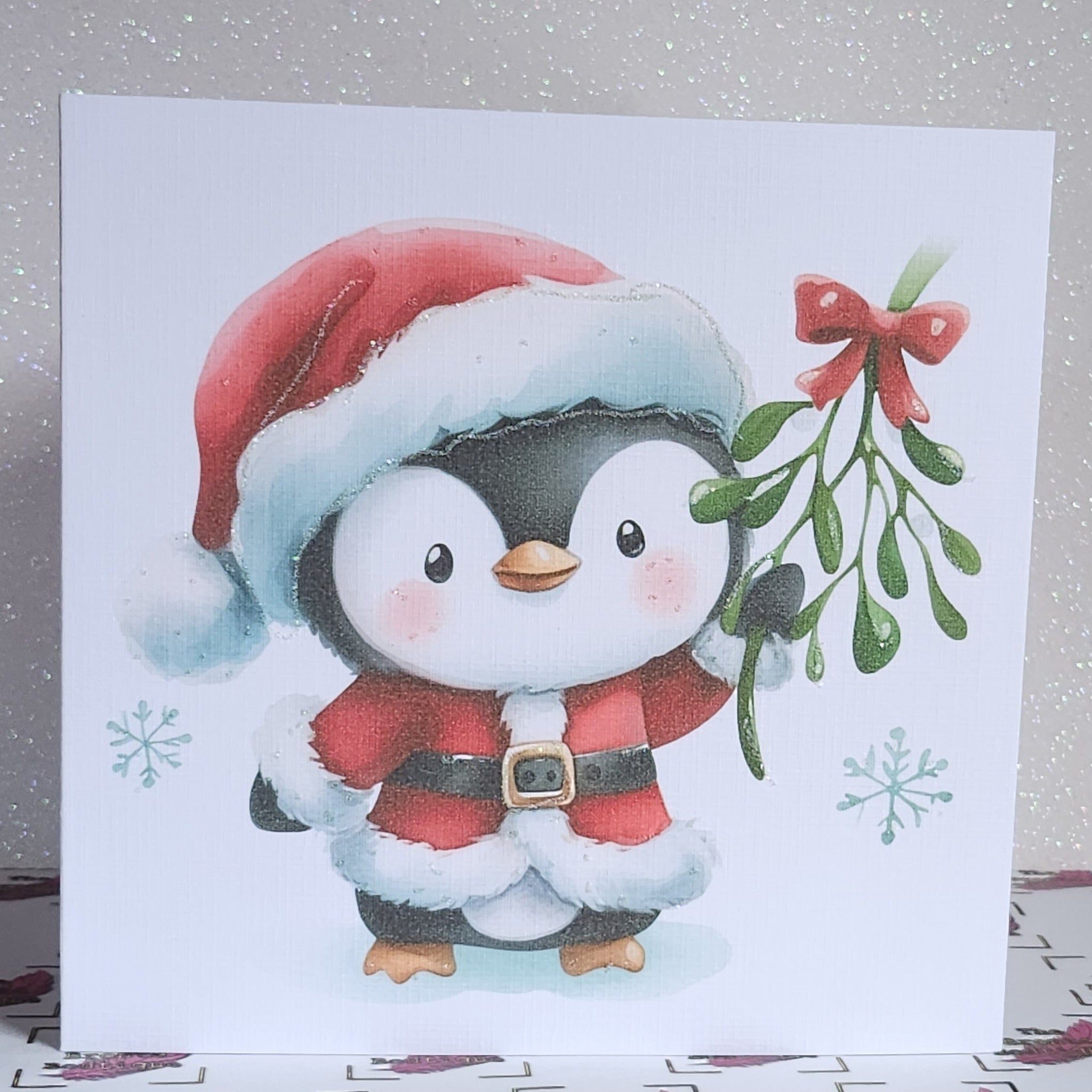 Penguin Christmas Card Penguin With Santa Outfit Holding Mistletoe Handmade Glitter Linen Effect Husband Wife Partner Card Free Delivery