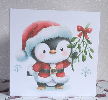 Penguin Christmas Card Penguin With Santa Outfit Holding Mistletoe Handmade Glitter Linen Effect Husband Wife Partner Card Free Delivery