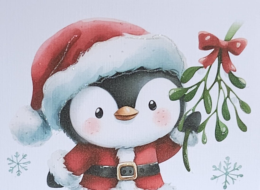 Penguin Christmas Card Penguin With Santa Outfit Holding Mistletoe Handmade Glitter Linen Effect Husband Wife Partner Card Free Delivery