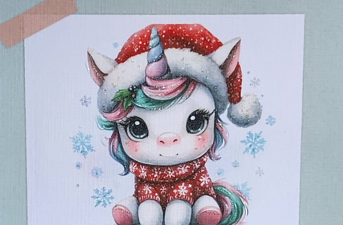 Unicorn Christmas Card ' All I Want For Christmas Is A Unicorn' Watercolour Unicorn With Santa Hat Glitter Detail Linen Effect Free Delivery