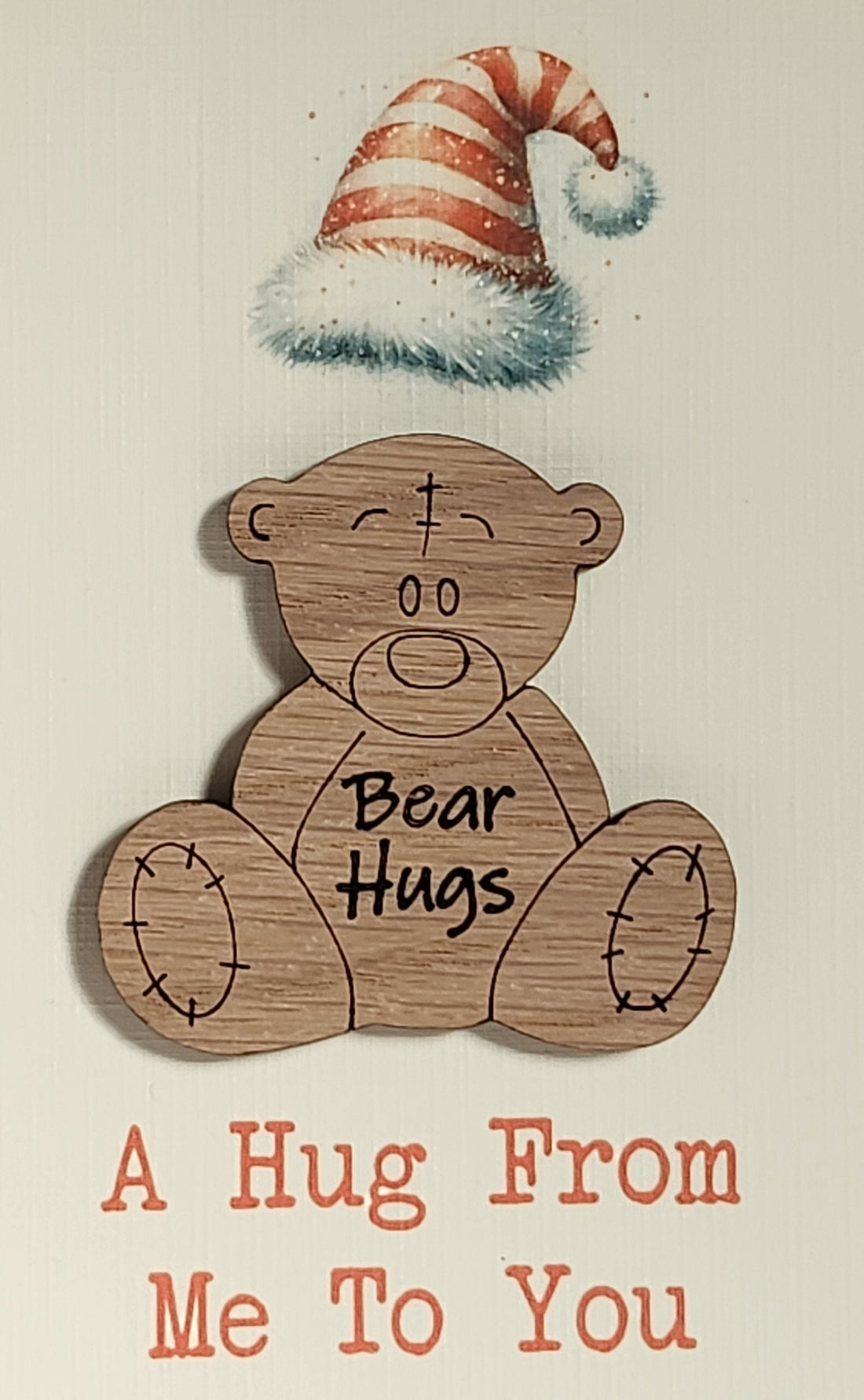 Wooden Christmas Pocket Hug Wooden Teddy Bear Hugs Token Mounted On Gift Card 'A Hug From Me To You At Christmas' Santa Hat Gift Option