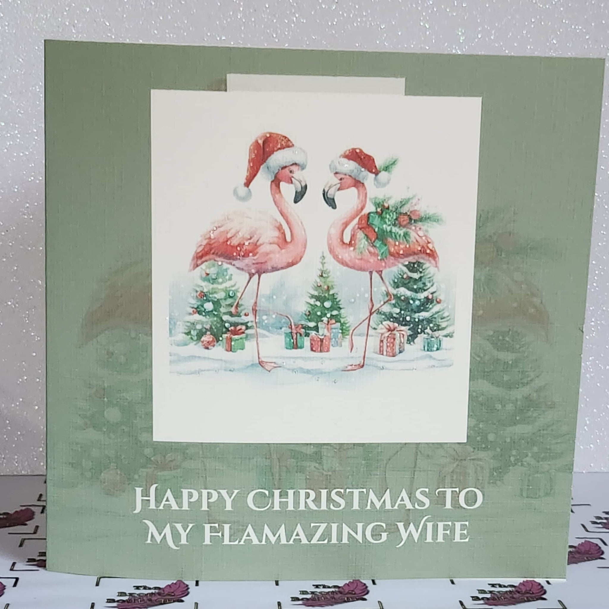 Flamazing Wife Christmas Card 'Happy Christmas To My Flamazing Wife' Flamingo Husband And Wife Flamingo Couple Linen Effect Free Delivery