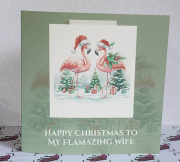 Flamazing Wife Christmas Card 'Happy Christmas To My Flamazing Wife' Flamingo Husband And Wife Flamingo Couple Linen Effect Free Delivery