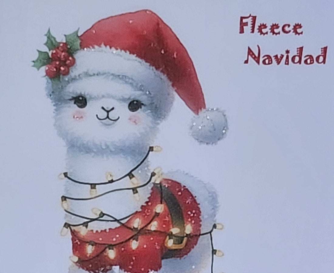 Feliz Navidad Llama Christmas Card ' Fleece Navidad' Llama In Santa Hat And Christmas Lights Glitter Detailing Linen Effect Free Delivery