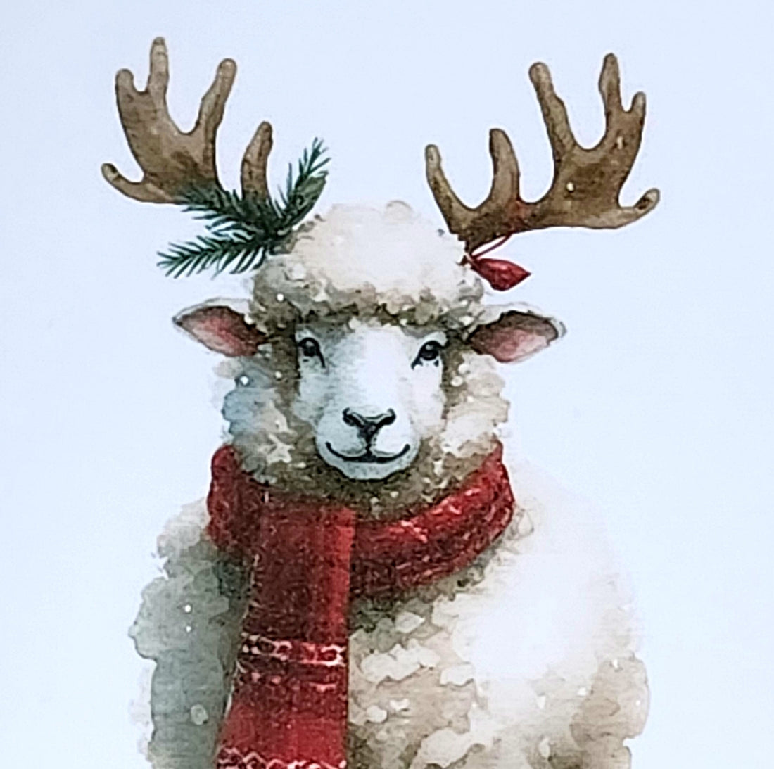 Christmas Reindeer Sheep Handmade Card With Scarf Woolly Sheep With Reindeer Antlers In Snow White Linen Effect Square Card Free Delivery