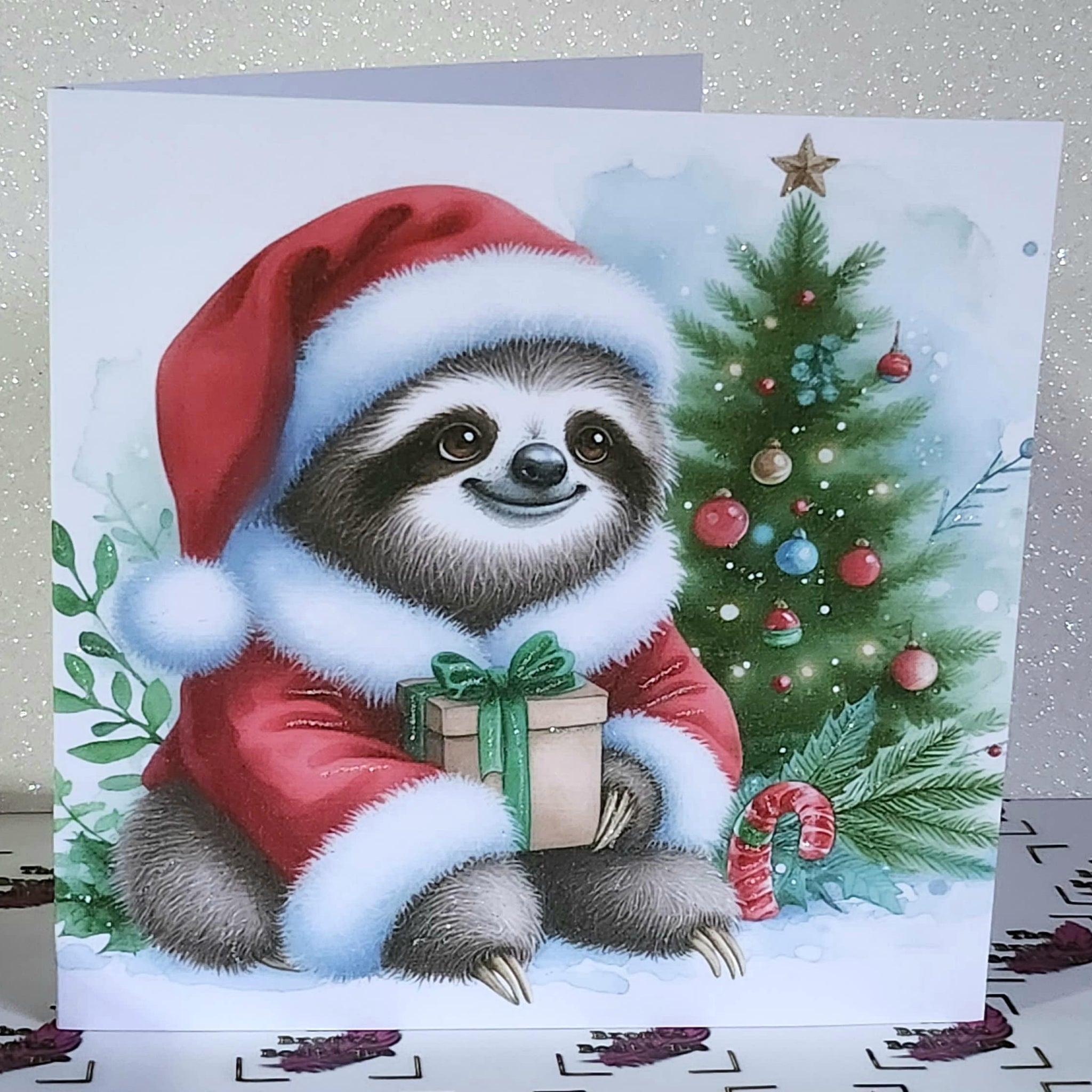 Santa Sloth Christmas Card Sloth Wearing Santa Outfit With Christmas Tree  Handmade Glitter White Linen Effect Square Card Free Delivery