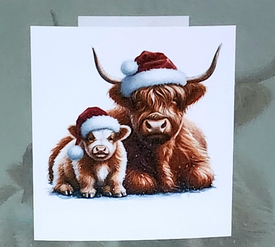 Daddy Highland Cow Christmas Card Highland Coo With Santa Hat And Child Mooey Christmas Handmade Linen Effect Square Card Free Delivery