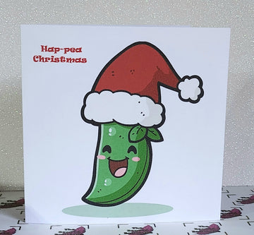 Funny Christmas Card 'Hap-pea Christmas' Laughing Cartoon Pea Pod In Santa Hat White Linen Effect Happy Christmas Festive Free Delivery